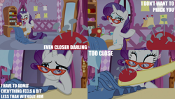 Size: 2000x1125 | Tagged: safe, edit, edited screencap, editor:quoterific, screencap, fluttershy, rarity, pony, unicorn, dragon dropped, g4, my little pony: friendship is magic, season 9, carousel boutique, duo, duo female, fabric, female, glasses, horn, mare, pincushion, rarity's glasses, sewing machine