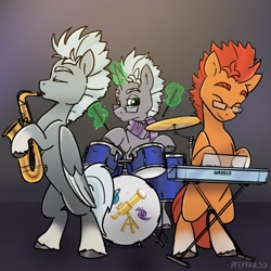 Size: 2048x2048 | Tagged: safe, artist:pfeffaroo, oc, oc only, oc:cobalt, oc:scope, oc:sunflare, earth pony, pegasus, pony, unicorn, belly, concave belly, drums, earth pony oc, gradient background, horn, keyboard, male, musical instrument, not alphabittle, pegasus oc, saxophone, stallion, trio, unicorn oc