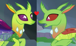 Size: 563x345 | Tagged: safe, edit, edited screencap, screencap, arista, lokiax, changedling, changeling, g4, background changeling, duo, not thorax, shipping, shipping domino