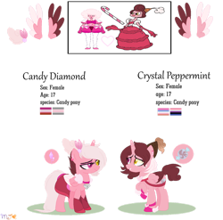 Size: 1024x1012 | Tagged: safe, artist:nightlightapocalypse, oc, oc only, oc:candy diamond, oc:crystal peppermint, alicorn, candy pony, food pony, gem (race), gem pony, humanoid, hybrid, object pony, original species, pony, alicorn oc, baroness von bon bon, bi-lesbian pride flag, candy, candy gem pony, clothes, colored wings, colored wingtips, crossover, crossover ship offspring, crossover shipping, crossverse (nightlightapocalypse), cuphead, demigirl, demigirl pride flag, diamond, diamond pupils, duo, duo female, ear piercing, earring, female, folded wings, food, gem, genderfluid pride flag, golden eyes, hat, hennin, heterochromia, horn, infidelity, interspecies, interspecies offspring, jewelry, lesbian, lesbian pride flag, lidded eyes, lipstick lesbian, lipstick lesbian pride flag, magical lesbian spawn, mare, mismatched wings, necklace, non-mlp oc, non-mlp shipping, offspring, parent:baroness von bon bon, parent:pink diamond (steven universe), piercing, pink diamond, pink diamond (steven universe), pink eyelashes, pride, pride flag, raised hoof, shipping, shoes, siblings, simple background, sisters, skirt, spoilers for another series, standing, steven universe, teenager, transparent background, twins, wings