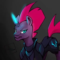 Size: 1200x1200 | Tagged: safe, artist:itxi_izalith, tempest shadow, pony, unicorn, g4, angry, armor, artificial horn, augmented, broken horn, concave belly, horn, looking at you, magic, magic horn, slender, solo, thin