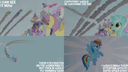 Size: 2000x1125 | Tagged: safe, edit, edited screencap, editor:quoterific, screencap, amethyst star, blaze, derpy hooves, lemon hearts, lightning bolt, lyra heartstrings, merry may, minuette, parasol, rainbow dash, rainbowshine, soarin', sparkler, surprise (g4), twinkleshine, white lightning, pegasus, pony, unicorn, g4, my little pony: friendship is magic, season 1, the ticket master, caption, flying, horn, rainbow trail, smoke trail, text