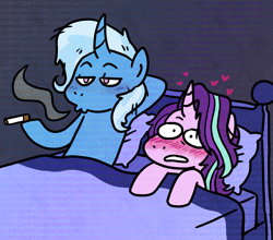 Size: 1550x1365 | Tagged: safe, artist:judecopeart, artist:queertrixie, starlight glimmer, trixie, pony, unicorn, g4, aftersex, blushing, cigarette, duo, duo female, female, heart, horn, implied sex, lesbian, mare, messy mane, ship:startrix, shipping, smoking, watermark, wide eyes