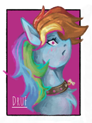 Size: 1946x2593 | Tagged: safe, artist:druf, artist:druf_draws, rainbow dash, pegasus, pony, series:my lovely pony, g4, angry, blushing, collar, commission open, digital art, embarrassed, looking at you, multicolored hair, passepartout, pink eyes, rainbow hair, sketch, solo, turned head