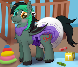 Size: 3500x3039 | Tagged: safe, artist:sweetielover, oc, oc only, oc:target strike, bat pony, hybrid, pegabat, pegasus, pony, adult foal, bandana, bedroom, blocks, carpet, chest fluff, commission, crayon, crib, diaper, diaper fetish, diapered, double diaper, ear piercing, earring, fetish, folded wings, heterochromia, high res, implied tail hole, impossibly large diaper, jewelry, male, non-baby in diaper, piercing, poofy diaper, rug, solo, stallion, toy, unshorn fetlocks, wings