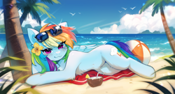 Size: 5000x2700 | Tagged: safe, artist:tyutya, rainbow dash, bird, pegasus, pony, g4, :3, beach, beach ball, beach towel, belly, belly button, blushing, chest fluff, cloud, coconut cup, eye clipping through hair, eyebrows, eyebrows visible through hair, female, flower, flower in hair, fluffy, folded wings, high res, human shoulders, lens flare, looking at you, lying down, mare, ocean, on side, outdoors, palm tree, sand, signature, sky, smiling, smiling at you, solo, summer, sunglasses, sunglasses on head, tail, tree, wallpaper, water, wings