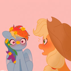 Size: 2480x2480 | Tagged: safe, artist:starburstuwu, applejack, rainbow dash, earth pony, pegasus, pony, g4, my little pony: friendship is magic, the perfect pear, bust, buttercup, character swap, cute, dashabetes, duo, duo female, female, flower, flower in hair, high res, lesbian, mare, open mouth, pink background, scene interpretation, ship:appledash, shipping, simple background