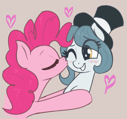 Size: 2740x2550 | Tagged: safe, artist:t72b, pinkie pie, oc, oc:hattsy, earth pony, pony, g4, blushing, canon x oc, cheek kiss, eyes closed, female, grin, hat, kissing, mare, one eye closed, simple background, smiling, top hat