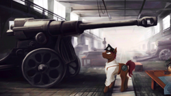 Size: 2560x1440 | Tagged: safe, artist:motley_ad, oc, oc only, earth pony, pony, equestria at war mod, artillery, blueprint, cannon, complex background, earth pony oc, fabric, factory, gun, military, solo, war, weapon, workshop