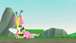 Size: 3840x2160 | Tagged: safe, artist:lyrabonbgp, cherry berry, earth pony, pony, anthro, g4, 3d, animal costume, bee costume, clothes, costume, female, garden, looking at something, looking away, mare, photo, rock, scenery, sitting, sky, super mario, super mario galaxy, virtual reality, vrchat, wallpaper