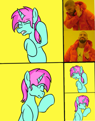 Size: 783x1000 | Tagged: safe, artist:amateur-draw, oc, oc only, oc:belle boue, pony, unicorn, cringing, exploitable meme, eyes closed, horn, hotline bling, male, meme, meme edit, memeception, op is a duck, ponified, ponified meme, smiling, solo, stallion, unicorn oc