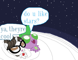 Size: 1049x810 | Tagged: safe, artist:pony4koma, raven, spike, dragon, pony, unicorn, g4, clothes, cute, digital art, do u like stars?, duo, duo focus, duo male and female, facial expressions, female, glasses, hair bun, happy, horn, male, mare, meme, moon, necktie, night, open mouth, pixel art, ponified, ponified meme, ravenbetes, secretary, ship:ravenspike, shipping, smiling, space, speech bubble, spikabetes, spikelove, stars, straight, tail, weapons-grade cute, winged spike, wings