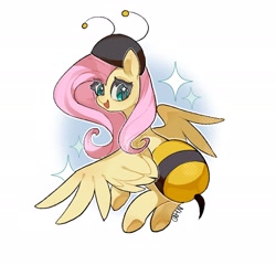 Size: 1920x1920 | Tagged: safe, artist:huan, fluttershy, pegasus, pony, g4, :d, animal costume, bee costume, clothes, costume, female, flutterbee, flying, gradient background, looking back, mare, open mouth, open smile, smiling, solo, sparkles, spread wings, wings