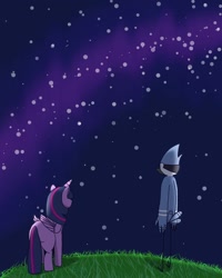 Size: 1080x1352 | Tagged: safe, twilight sparkle, alicorn, bird, blue jay, pony, g4, 2021, crossover, crossover shipping, duo, duo male and female, facing away, female, galaxy, grass, male, missing cutie mark, mordecai, night, night sky, outdoors, regular show, ship:mordetwi, shipping, sky, straight, tail, tail feathers, twilight sparkle (alicorn)