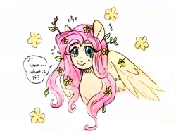 Size: 1911x1420 | Tagged: safe, artist:arxielle, artist:kiiremi, fluttershy, pegasus, pony, g4, buttercup, dialogue, emanata, female, flower, flower in hair, implied big macintosh, implied fluttermac, implied shipping, implied straight, leaves, leaves in hair, looking at you, mare, simple background, smiling, smiling at you, solo, speech bubble, stick in hair, stick in mane, white background