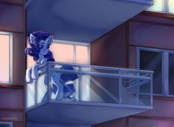 Size: 1196x876 | Tagged: safe, artist:skobkazavr, rarity, pony, unicorn, g4, balcony, bipedal, bipedal leaning, ear fluff, female, horn, leaning, mare, outdoors, smiling, solo, unshorn fetlocks