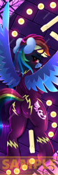 Size: 708x2126 | Tagged: safe, artist:darksly, rainbow dash, pegasus, pony, g4, back, blushing, body pillow, body pillow design, butt, clothes, costume, female, plot, shadowbolt dash, shadowbolts costume, solo