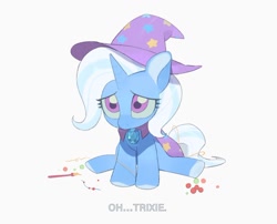 Size: 1224x989 | Tagged: safe, artist:bilidongdong, trixie, pony, unicorn, g4, female, horn, looking up, mare, paintbrush, pitiful, puppy dog eyes, sad, simple background, sitting, solo, text, white background