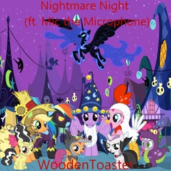 Size: 900x900 | Tagged: safe, artist:user15432, artist:woodentoaster, apple bloom, applejack, nightmare moon, pinkie pie, rainbow dash, scootaloo, spike, sweetie belle, twilight sparkle, alicorn, dragon, earth pony, pegasus, pony, undead, unicorn, vampire, g4, album, album cover, animal costume, bride of frankenstein, chicken pie, chicken suit, clothes, costume, cutie mark crusaders, dragon costume, frankenstein, frankenstein costume, frankenstein's monster, goggles, halloween, halloween costume, hat, holiday, horn, nightmare night, nightmare night costume, outdoors, ponyville, scarecrow, scarecrow applejack, scarecrow costume, scootawolf, shadowbolt dash, shadowbolts costume, star swirl the bearded costume, straw hat, twilight sparkle (alicorn), vampire costume, wizard hat, wizard robe, wolf costume