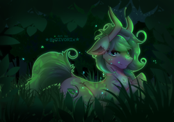 Size: 4000x2800 | Tagged: safe, artist:divori, oc, oc only, oc:forest whisper, firefly (insect), insect, blue eyes, chest fluff, druid, ear fluff, forest, grass, grass field, horn, horns, jungle, looking at you, magic, magic aura, male, nature, outdoors, outline, stallion, tree