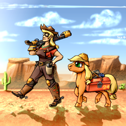 Size: 2000x2000 | Tagged: safe, artist:scarletdex8299, applejack, earth pony, human, pony, g4, blueprint, cable, cactus, clothes, cowboy hat, crossover, desert, duo, duo female, engiejack, engineer (tf2), engineer gaming, female, goggles, gun, handgun, hard hat, hat, hat swap, hoers, human ponidox, humanized, knee pads, looking ahead, mesa, overalls, pistol, self paradox, self ponidox, shadow, spurs, team fortress 2, toolbox, trail, walking, weapon