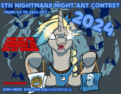 Size: 1167x905 | Tagged: safe, artist:firelorda2, oc, oc only, oc:orenda azure, bat, pony, unicorn, bag, candy bag, contest, discord (program), glowing, glowing eyes, hoof hold, horn, link in description, nightmare night, sombra eyes