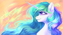 Size: 5760x3240 | Tagged: safe, artist:jsunlight, princess celestia, alicorn, pony, g4, abstract background, bust, portrait, profile, smiling, solo, wallpaper