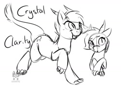 Size: 1600x1200 | Tagged: safe, artist:krapette, oc, oc only, oc:crystal clarity, dracony, hybrid, pony, kilalaverse, black and white, bust, crossed hooves, female, grayscale, hoof claws, interspecies offspring, mare, monochrome, offspring, open mouth, open smile, parent:rarity, parent:spike, parents:sparity, simple background, sketch, smiling, solo, white background