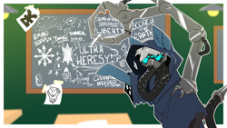 Size: 3840x2160 | Tagged: safe, artist:barnnest, oc, oc only, oc:gear works, cyborg, cyborg pony, earth pony, pony, fanfic:iron hearts, augmentation, chalk, chalkboard, chaos, chaos star, conspiracy theory, crossover, diagram, earth pony oc, looking at you, male, mask, robotic arm, servo arm, solo, techpriest, text, warhammer (game), warhammer 40k