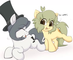 Size: 1791x1477 | Tagged: safe, artist:mushy, oc, oc only, oc:hattsy, oc:pea, earth pony, pony, doodle, duo, duo female, earth pony oc, eyes closed, female, filly, foal, greeting, happy, hat, lying down, mare, open mouth, open smile, prone, raised leg, smiling, tail, tongue out, top hat