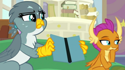 Size: 714x396 | Tagged: safe, artist:martizo, edit, edited screencap, screencap, gabby, smolder, dragon, griffon, g4, my little pony: friendship is magic, student counsel, book, character swap, couch, cute, dragoness, duo, duo female, female, folded wings, gabby is not amused, gabbybetes, gallus' book, lidded eyes, recolor, sad, sadorable, scroll, smug, starlight's office, unamused, wings