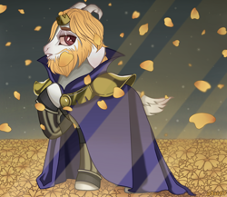 Size: 7334x6354 | Tagged: safe, artist:p3ar07, goat, goat pony, pony, armor, asgore dreemurr, base used, beard, brown eyes, brown pupils, buttercup, cloak, clothes, colored eyebrows, colored horns, colored pupils, colored sclera, crepuscular rays, crown, curved horns, dark sky, detailed background, facial hair, floppy ears, flower, flower field, goat tail, horns, jewelry, lidded eyes, looking back, lop ears, male, petals, pink sclera, ponified, profile, raised hoof, regalia, sad, signature, solo, standing, undertale, white coat