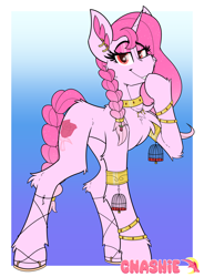 Size: 1800x2451 | Tagged: safe, artist:gnashie, oc, oc only, oc:rose quartz, pony, unicorn, braid, braided tail, cage, eyeshadow, gradient background, horn, jewelry, long legs, makeup, passepartout, pink mane, red eyes, sandals, smug, solo, tail, thin, unicorn oc