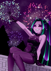 Size: 1800x2500 | Tagged: safe, artist:nekojackun, aria blaze, human, equestria girls, g4, bangs, breasts, cleavage, eyes closed, eyeshadow, female, fireworks, glass, happy new year, happy new year 2025, holiday, makeup, new year, new years eve, outdoors, solo, twintails, wine glass