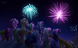 Size: 3000x1855 | Tagged: safe, artist:simpledoggo, applejack, fluttershy, pinkie pie, rainbow dash, rarity, twilight sparkle, alicorn, g4, balcony, fireworks, happy new year, holiday, mane six, ponyville, ponyville town hall, twilight sparkle (alicorn)