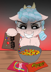 Size: 1000x1404 | Tagged: safe, artist:chopsticks, cozy glow, pegasus, pony, g4, bow, bowl, candy, cheek fluff, chest fluff, chocolate, devil horns, evil smile, female, filly, floppy ears, foal, food, freckles, gradient background, hair bow, hoof hold, horns, looking down, m&m's, ponytail, pure concentrated unfiltered evil of the utmost potency, pure unfiltered evil, reese's, reese's pieces, skittles, smiling, stray strand, table, unshorn fetlocks