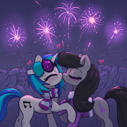 Size: 3000x3000 | Tagged: safe, artist:t72b, dj pon-3, octavia melody, vinyl scratch, earth pony, pony, unicorn, g4, blushing, clothes, earmuffs, eyes closed, female, fireworks, happy new year, holiday, horn, jacket, kissing, lesbian, mare, night, scarf, ship:scratchtavia, shipping, sunglasses