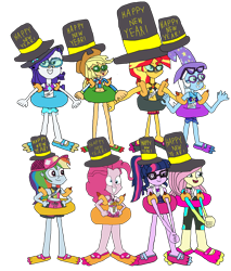 Size: 6990x8214 | Tagged: safe, artist:christian soto, applejack, fluttershy, pinkie pie, rainbow dash, rarity, sci-twi, sunset shimmer, trixie, twilight sparkle, human, equestria girls, equestria girls specials, g4, my little pony equestria girls: better together, my little pony equestria girls: forgotten friendship, applejack's beach shorts swimsuit, bare shoulders, belly, belly button, bikini, bracelet, clothes, female, flippers, fluttershy's wetsuit, glasses, goggles, happy new year, hat, holiday, humane five, humane seven, humane six, inner tube, jewelry, new year, new years eve, noseclip, one-piece swimsuit, pinkie pie swimsuit, pool toy, rainbow dash's beach shorts swimsuit, rarity's blue sarong, rarity's purple bikini, sarong, sash, sci-twi swimsuit, sunglasses, sunscreen, swimsuit, top hat, towel, water wings, wetsuit