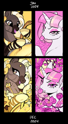 Size: 966x1760 | Tagged: safe, artist:gorjee-art, oc, pony, unicorn, zebra, cauldron, duo, duo female, eyeshadow, female, flower, horn, looking at you, makeup, mare, one eye closed, open mouth, open smile, smiling, stirring, tongue out, zebra oc