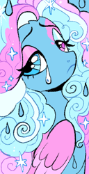 Size: 390x759 | Tagged: safe, artist:gorjee-art, oc, oc:cotton feather, pegasus, pony, bust, crying, eyeshadow, female, heterochromia, lidded eyes, makeup, mare, solo, sparkles