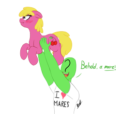 Size: 1702x1590 | Tagged: safe, artist:ricy, cherry berry, oc, oc:anon, earth pony, human, pony, g4, blushing, clothes, dialogue, female, grumpy, holding a pony, lifting, scrunchy face, shirt, simple background, t-shirt, transparent background, upsies