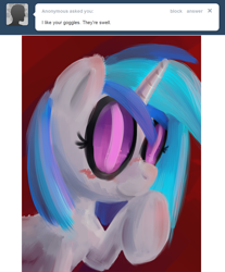 Size: 952x1150 | Tagged: safe, dj pon-3, vinyl scratch, ask dj pon3, g4, ask, blushing, female, raised hoof, solo, tumblr, vinyl's glasses