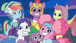 Size: 2400x1350 | Tagged: safe, artist:prixy05, fluttershy, pinkie pie, rainbow dash, rarity, spike, twilight sparkle, alicorn, dragon, earth pony, mermaid, pegasus, pony, unicorn, g4, g5, haunted house (episode), my little pony: tell your tale, afro puffs, alternate hairstyle, armor, astrodash, astronaut, athena sparkle, character swap, clothes, costume, dress, fake ears, fake fangs, fake flutterbat, female, flutterbat costume, g4 to g5, generation leap, horn, male, mare, mermarity, nightmare night costume, pinkie puffs, roller pinkie, twilight sparkle (alicorn)