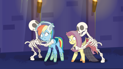 Size: 2400x1350 | Tagged: safe, artist:prixy05, fluttershy, rainbow dash, pegasus, pony, g4, g5, haunted house (episode), my little pony: tell your tale, astrodash, astronaut, bone, character swap, clothes, costume, dress, duo, duo female, fake ears, fake fangs, fake flutterbat, fake skeleton, female, flutterbat costume, g4 to g5, generation leap, mare, nightmare night costume, pinpoint eyes, skeleton