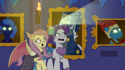 Size: 2400x1350 | Tagged: safe, artist:prixy05, fluttershy, meadowbrook, princess luna, rarity, star swirl the bearded, mermaid, pegasus, pony, unicorn, g4, g5, haunted house (episode), my little pony: tell your tale, character swap, clothes, costume, dress, duo, duo female, fake ears, fake fangs, fake flutterbat, female, flutterbat costume, framed picture, g4 to g5, generation leap, glowing, glowing horn, horn, mare, mermarity, nightmare night costume, pinpoint eyes, s1 luna