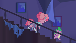 Size: 2400x1350 | Tagged: safe, artist:prixy05, pinkie pie, spike, dragon, earth pony, pony, g4, g5, haunted house (episode), my little pony: tell your tale, afro puffs, alternate hairstyle, character swap, clothes, costume, duo, duo male and female, eyes closed, female, g4 to g5, generation leap, male, mare, nightmare night costume, pinkie puffs, roller pinkie, stairs