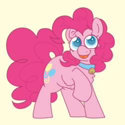 Size: 600x600 | Tagged: safe, artist:php193, pinkie pie, earth pony, pony, g4, my little pony: friendship is magic, :p, bell, bell collar, collar, cute, diapinkes, female, heart, heart eyes, looking at you, mare, raised hoof, simple background, solo, tongue out, wingding eyes, yellow background