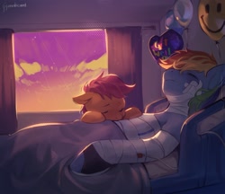 Size: 2048x1771 | Tagged: safe, artist:guarimbasmrd, rainbow dash, scootaloo, pegasus, pony, comic:unlucky day, fanfic:cupcakes, g4, balloon, bandage, bed, blanket, curtains, duo, female, filly, foal, hospital, hospital bed, indoors, iv, iv drip, mare, sad, sunset, twilight (astronomy), window