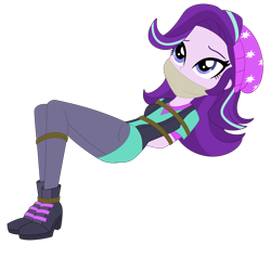 Size: 3000x3000 | Tagged: safe, artist:nie-martw-sie-o-mnie, starlight glimmer, human, equestria girls, g4, beanie, bondage, boots, bound and gagged, cloth gag, clothes, gag, hat, otm gag, rope, rope bondage, shoes, simple background, tied up, transparent background, vest