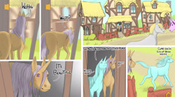 Size: 2573x1432 | Tagged: safe, artist:ivanfromafar, amethyst star, derpy hooves, lyra heartstrings, sparkler, oc, earth pony, pony, unicorn, comic:feeling a little horse, g4, butt, comic, dialogue, doorway, female, hoers, horn, human to pony, mare, nuzzling, plot, ponyville, running, transformation, wingless